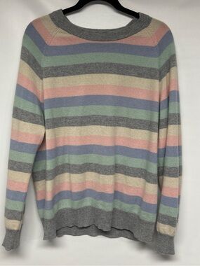 Women’s Cashmere’s Striped Crewneck Sweater in Gray with Pastel Accents